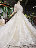 Lace Half Sleeve Round Neck Ball Gown Wedding Dresses Fashion Beads Wedding Gown JS775