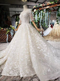 Lace Half Sleeve Round Neck Ball Gown Wedding Dresses Fashion Beads Wedding Gown JS775