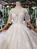 Lace Half Sleeve Round Neck Ball Gown Wedding Dresses Fashion Beads Wedding Gown JS775