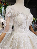 Lace Half Sleeve Round Neck Ball Gown Wedding Dresses Fashion Beads Wedding Gown JS775