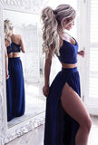 Two Piece V-Neck Floor-Length Royal Blue Stretch Satin Prom Dress with Lace JS21