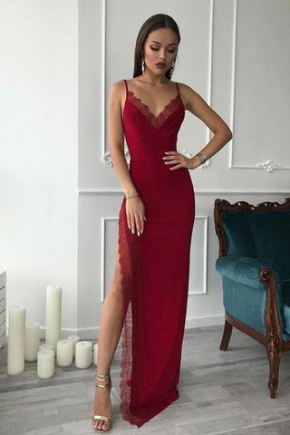 Burgundy Spaghetti Straps Side High Slit V Neck Satin Mermaid Long Prom Dresses JS311