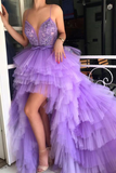 Spaghetti Straps High Low Prom Dresses Lilac V-neck Homecoming Dresses Tulle Long