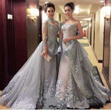 High Neck A-line Long Sleeve Tulle Appliques Sweep Train Long Prom Dresses JS416