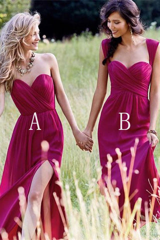 Red Cheap Chiffon Floor Length Side Split Long Sweetheart Sleeveless Bridesmaid Dress JS351