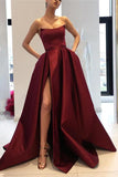 Burgundy Strapless Bodice Corset Long Sleeveless Evening Gowns With Leg Split Prom Dress JS723