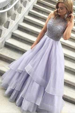 Charming A-Line High Neck Purple Beads Open Back Tulle Evening Dress Prom Dresses UK JS418