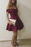 A Line Satin Burgundy Off the Shoulder Sweetheart Above Knee Homecoming Dresses JS926