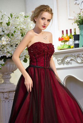 Strapless Beads Sleeveless Sweetheart Tulle Ball Gown Backless Black Burgundy Prom Dresses