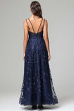 A-line Dark Navy Spaghetti Straps V-neck Lace Wedding Guest Dresses