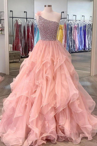 One Shoulder A-line Peach Beaded Flouncing Long Prom Dresses