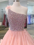 One Shoulder A-line Peach Beaded Flouncing Long Prom Dresses