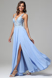 A-line V-neck Lace Appliqued Long Prom Dress with slit