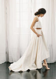 Chic Two Pieces Satin Ivory High Neck High Low Wedding Dresses with Pockets Bridal Dress