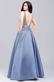 A-Line Prom Dresses Beaded Bodice Satin A Line Open Back