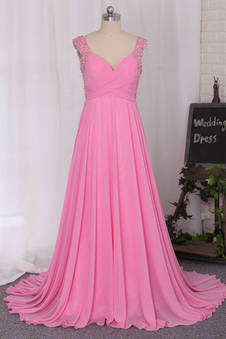 Sexy Open Back Straps A Line With Beads And Ruffles Chiffon Prom Dresses