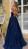 Navy Blue Lace V-Neck Spaghetti Straps A-Line Tulle Appliques Long Evening Gowns Prom Dresses