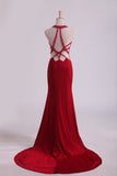 Burgundy Chiffon Prom Dresses Scoop Spandex With Beading Sweep Train Mermaid