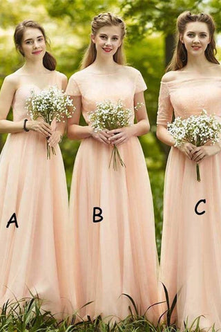 Beautiful Long A-Line Pink Elegant A-Line Lace Tulle Bridesmaid Dresses