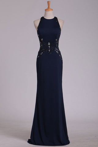 Black Prom Dresses Scoop Sheath With Beading Open Back Spandex