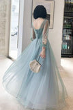 Elegant Long Sleeves Appliqued Tulle Prom Dress, Floor Length Appliques Evening Dress