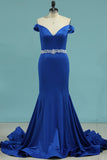 Prom Dresses Off The Shoulder Beaded Waistline Spandex Sweep Train