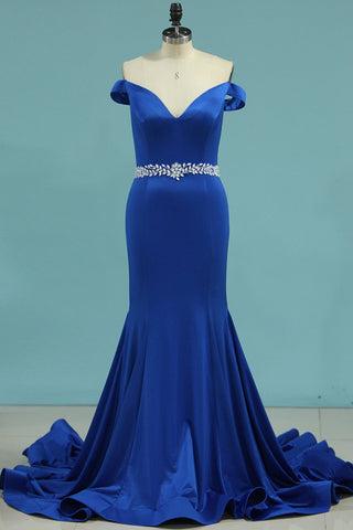 Prom Dresses Off The Shoulder Beaded Waistline Spandex Sweep Train