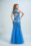 Prom Dresses V Neck Open Back Tulle With Beading Floor Length