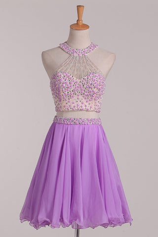 Two-Piece Halter Open Back Homecoming Dresses Beaded Bodice Chiffon A Line