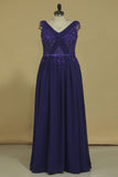 A Line V Neck With Applique And Beads Evening Dresses