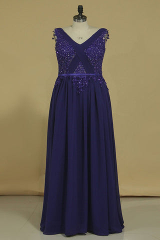 A Line V Neck With Applique And Beads Evening Dresses