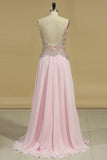 Spaghetti Straps Prom Dresses A Line With Beads And Slit Chiffon