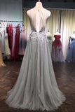 A Line Grey Tulle Beads 3D Flowers Round Neck Long Prom Dresses with Belt SJS15000