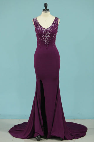 Mermaid Prom Dresses V Neck Spandex With Beads And Slit