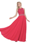 Open Back Scoop A Line Prom Dresses With Beading Chiffon