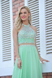 Scoop Prom Dresses A Line Beaded Bodice Chiffon Sweep Train