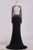 Open Back Long Sleeves With Beading And Slit Prom Dresses Sweep Train Spandex