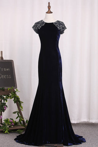 Velvet Scoop With Beading Evening Dresses Mermaid Sweep Train