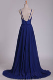 A Line Spaghetti Straps Beaded Bodice Prom Dresses Chiffon