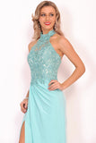 Prom Dresses Halter Chiffon With Applique And Slit Sheath