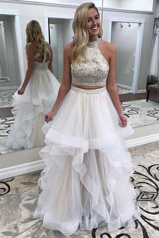 Two-Piece Scoop Prom Dresses A Line Tulle With Beads&Sequins