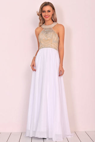 Halter Beaded Bodice Prom Dresses A Line Chiffon Sweep Train