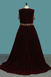 Spaghetti Straps A Line Velvet Prom Dresses With Beading Sweep Train