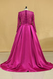 Hot Plus Size Prom Dresses Scoop A Line Satin Long Sleeves With Pocket