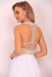 Halter Beaded Bodice Prom Dresses A Line Chiffon Sweep Train