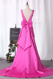 New Arrival V Neck Satin With Bow Knot Mermaid Prom Dresses