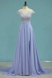 Scoop Prom Dresses A Line Chiffon With Applique Sweep Train