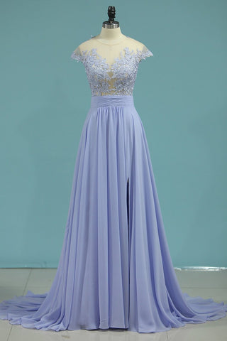 Scoop Prom Dresses A Line Chiffon With Applique Sweep Train