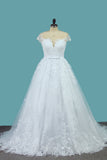 A Line Lace Cap Sleeve Scoop Wedding Dresses With Beads Court Train