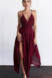 Flowy Spaghetti Straps V-Neck Open Back Simple Brugundy Prom Dresses